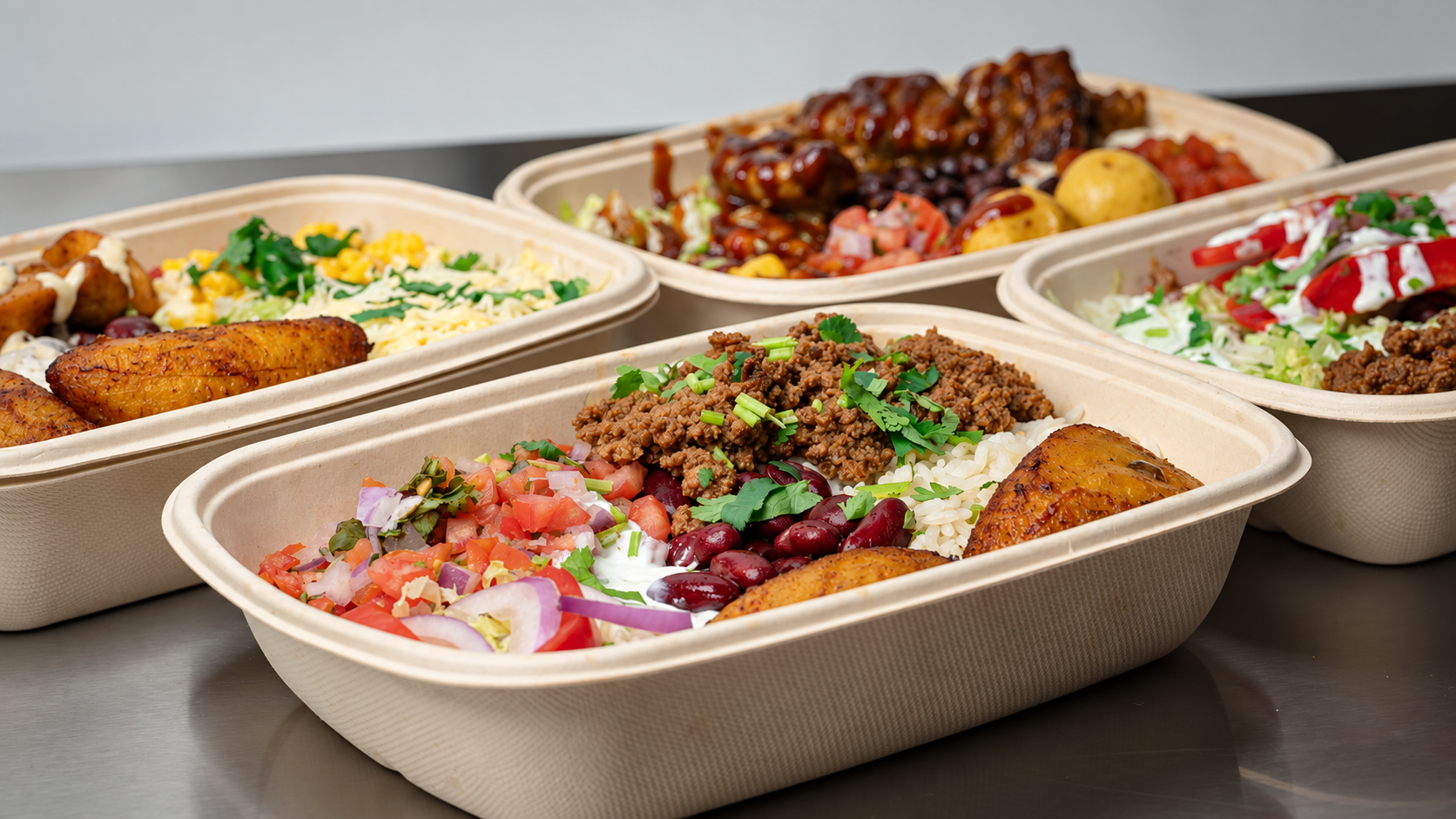 Colombian food bowls with rice, beans, plantains, meat and fresh toppings