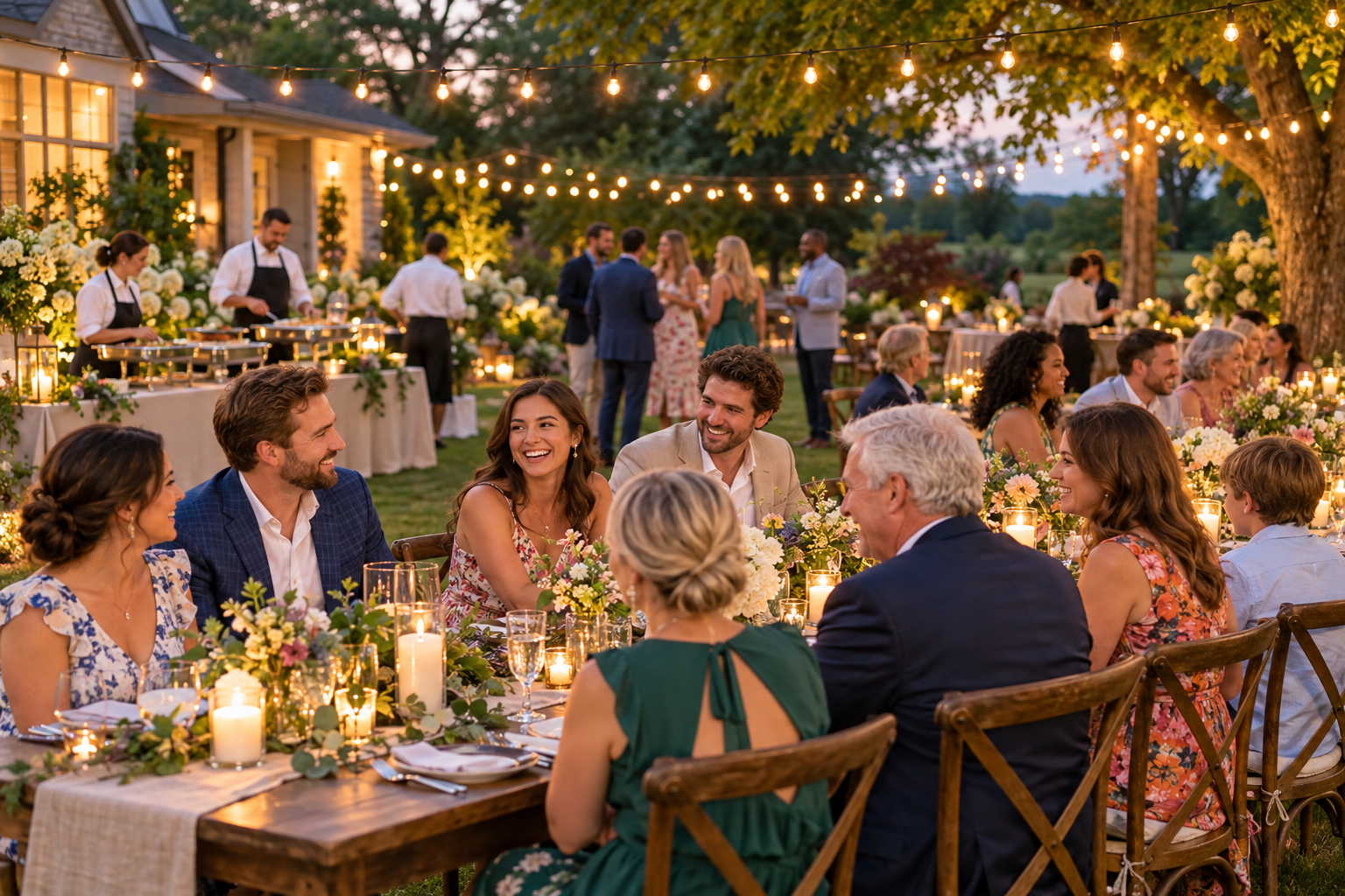 Illustrative private garden celebration with guests and catering