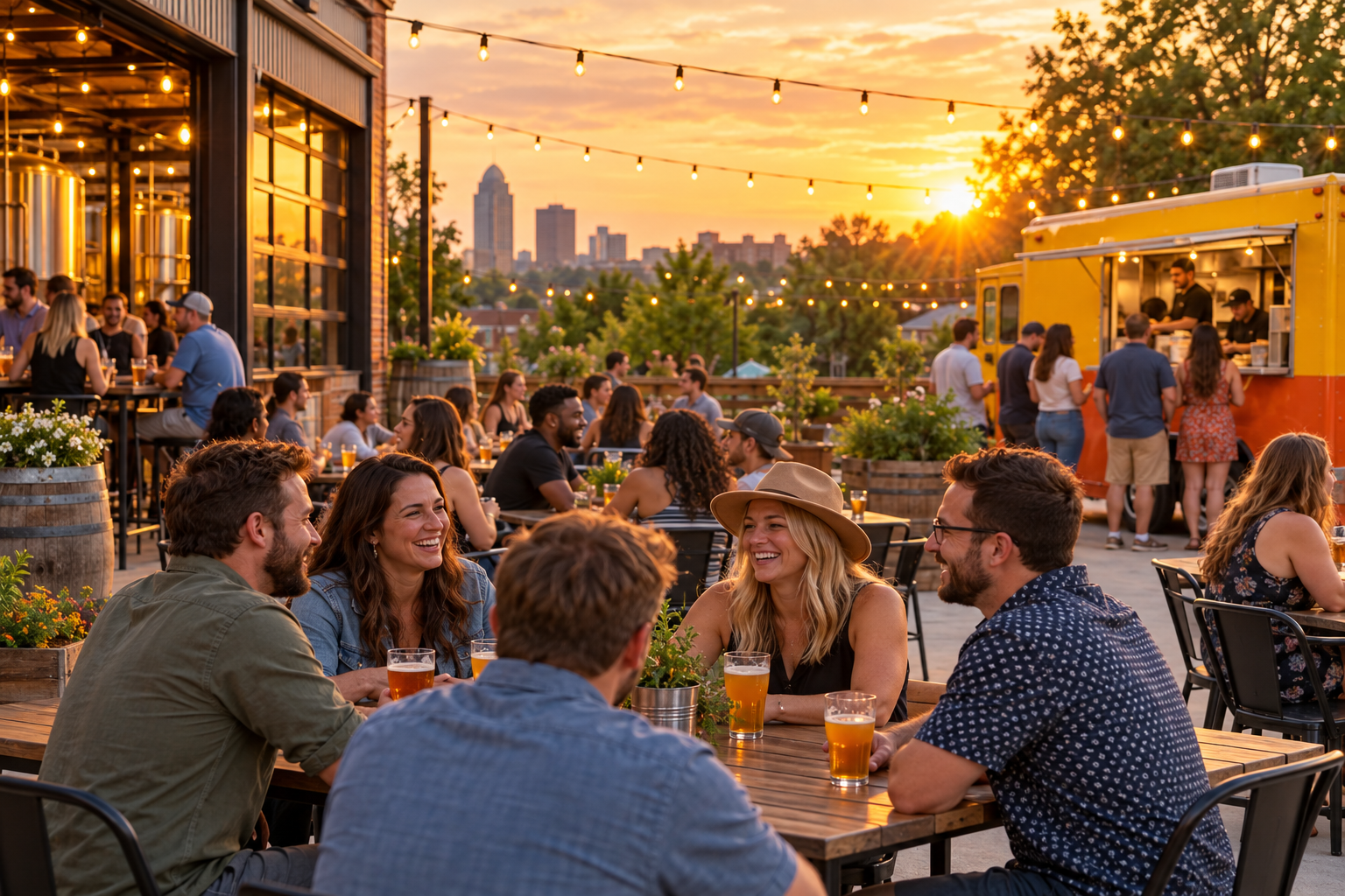 Illustrative brewery patio gathering with a food truck